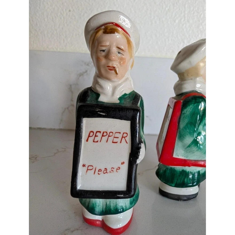 Vintage Sandwich Board Men Salt and Pepper Shakers Ceramic Mid Century Novelty